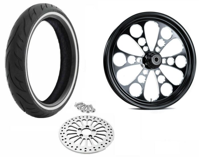 Black Kool Kat 21 x 3.5 Single Disc Billet Mag Wheel Tire Package WW Harley 08+