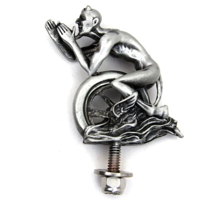Devil and Wheel Front Fender Ornament Silver Pewter Finish Harley Custom Vintage
