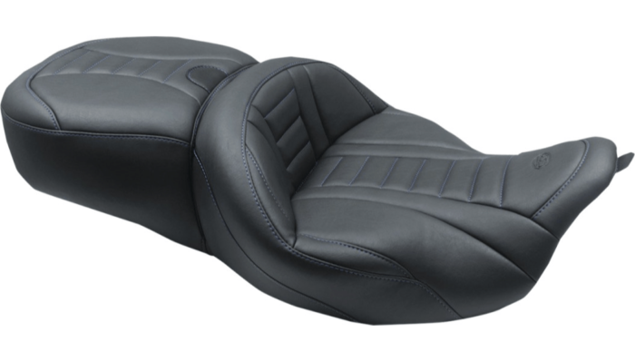 Mustang One Piece Deluxe Touring Seat Black Blue Vinyl Harley Bagger Trike 2008+
