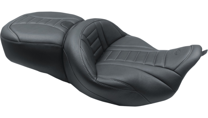 Mustang One Piece Deluxe Touring Seat Black Gray Vinyl Harley Bagger Trike 2008+