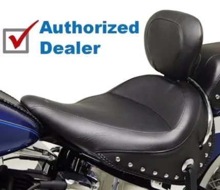 Mustang Wide Solo Seat w/ Driver Backrest Chrome Studded 2005-2017 Harley Deluxe