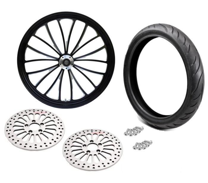 Ultima Manhattan Black 23 x 3.5 Front Wheel Rim BW Tire DD Package Harley 2008+