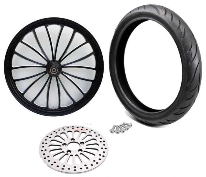 Ultima Manhattan Black 23" x 3.5" Front Wheel Rim BW Tire Package Harley 2008+